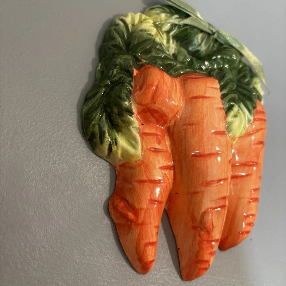 Vegetable Carrot & Corn On Cob Ceramic Kitchen Wall Plaques 2Pc Set With Ribbons